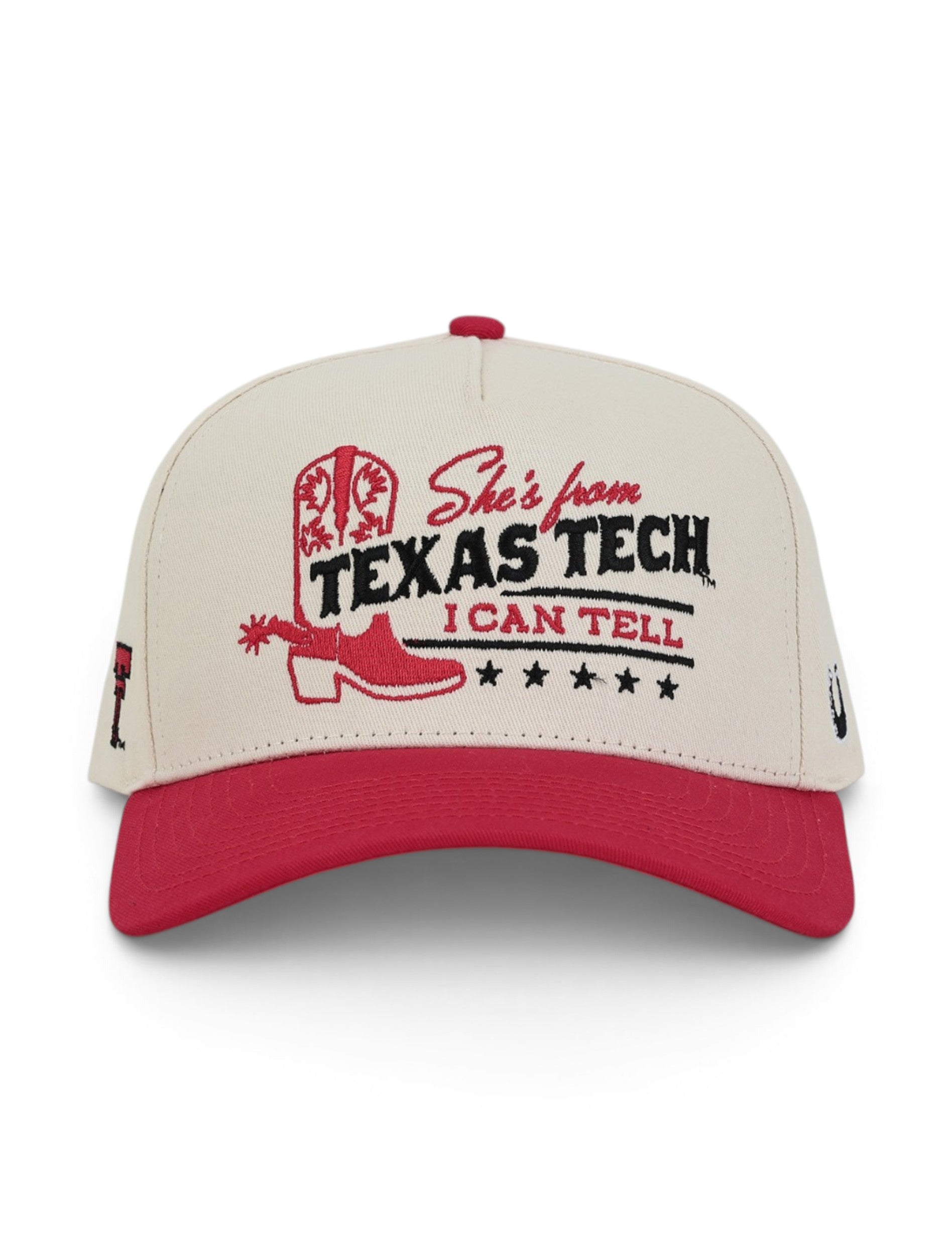 Front of the tan Texas Tech cap showing the red boot and spur, TEXAS TECH in black western lettering and I CAN TELL above a row of stars