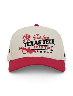 Front of the tan Texas Tech cap showing the red boot and spur, TEXAS TECH in black western lettering and I CAN TELL above a row of stars