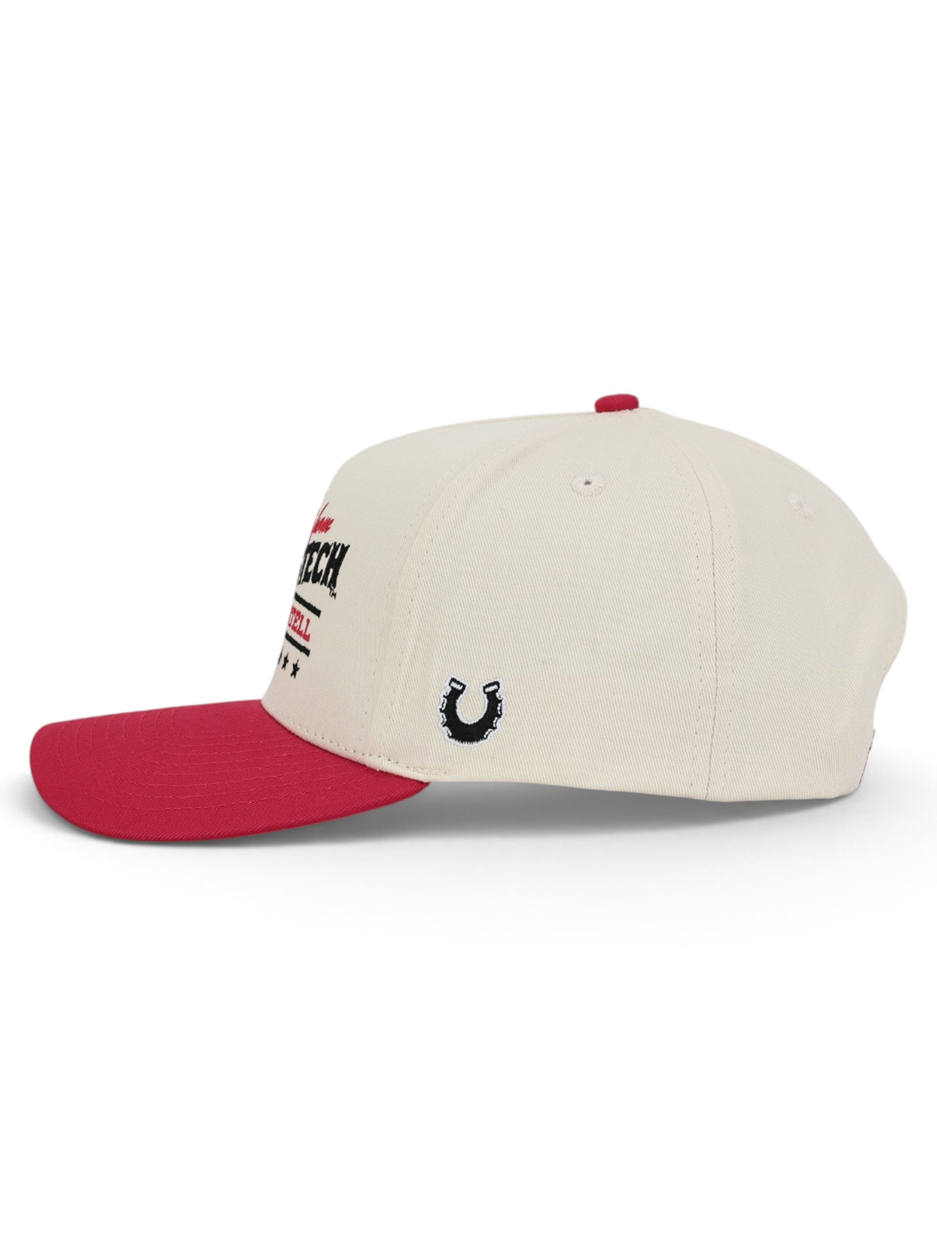 Opposite side of the tan Texas Tech cap showing the Dark Horse horseshoe on the panel