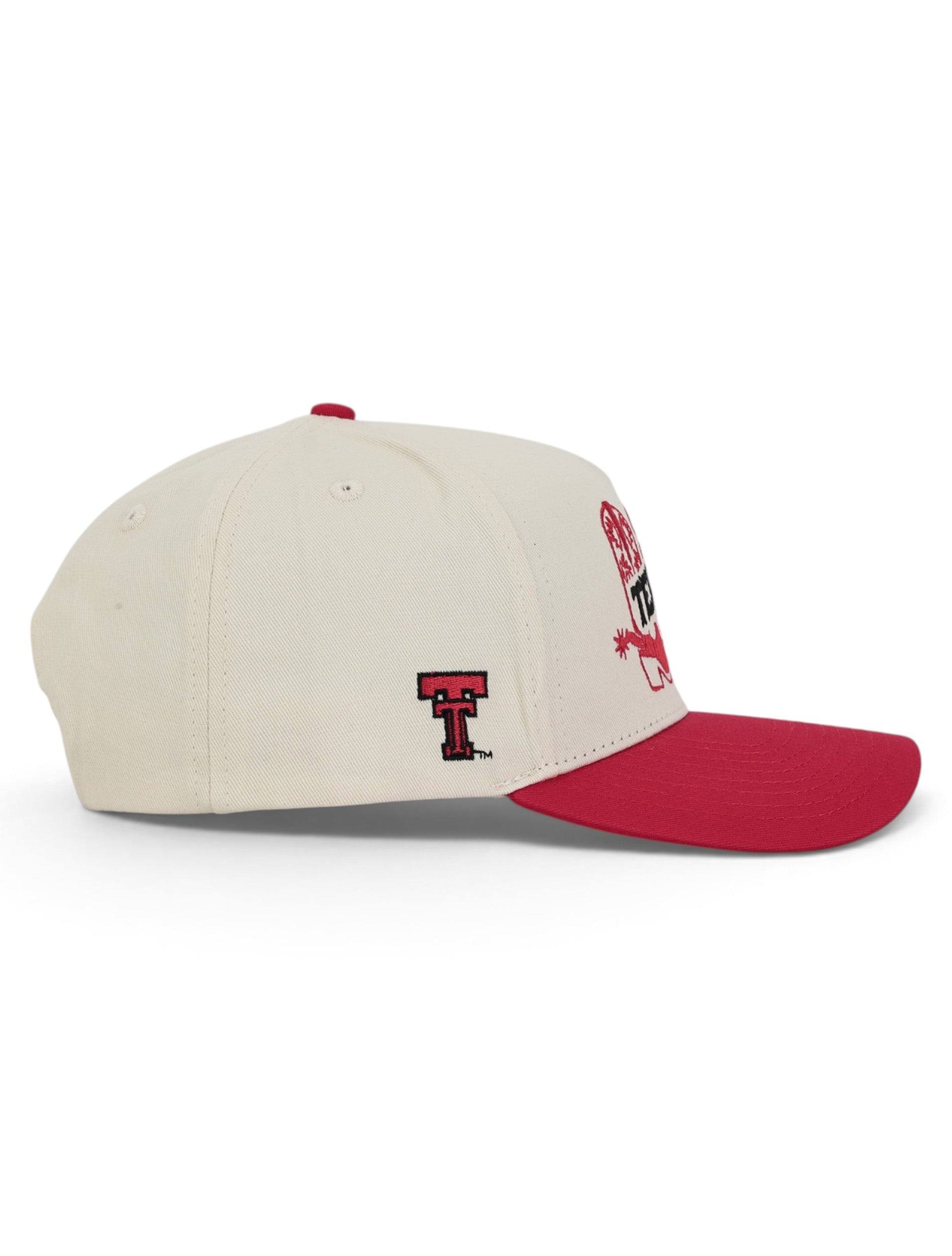 Side of the tan Texas Tech cap showing the embroidered red Double T on the panel