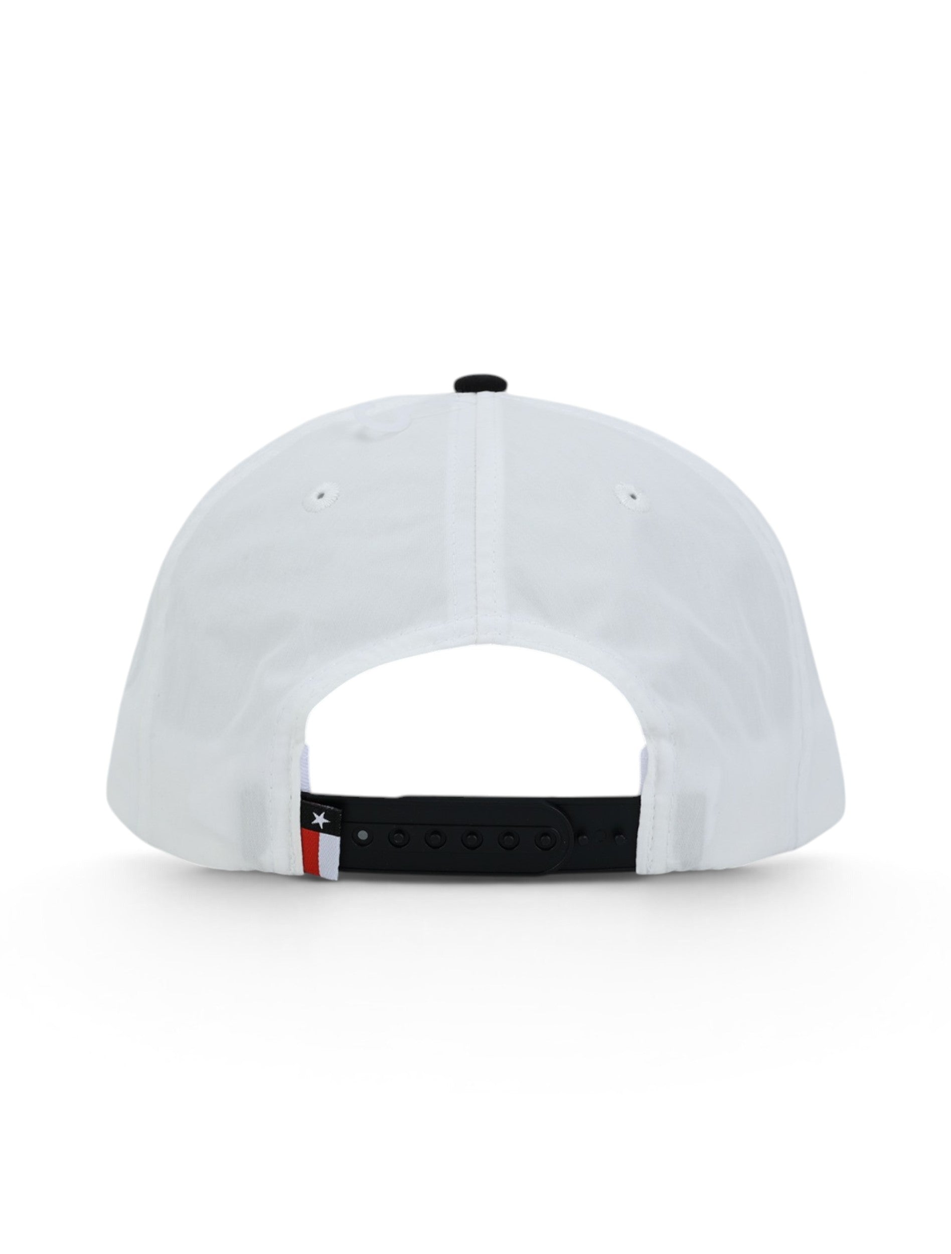 Back of the white Texas Tech cap showing the stitched eyelets, the black snapback strap and the Texas flag tab