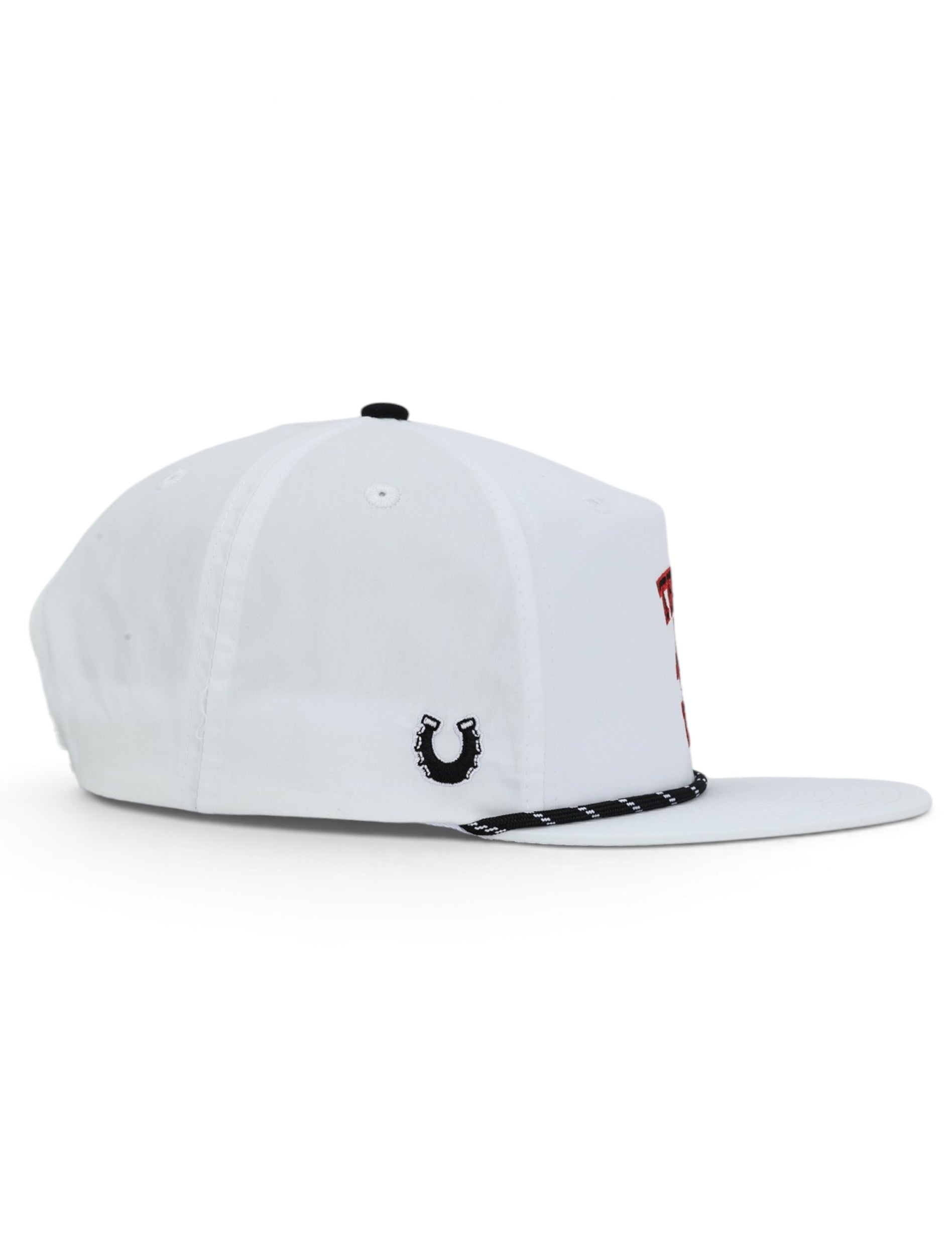 Opposite side of the white Texas Tech cap showing the Dark Horse horseshoe on the panel