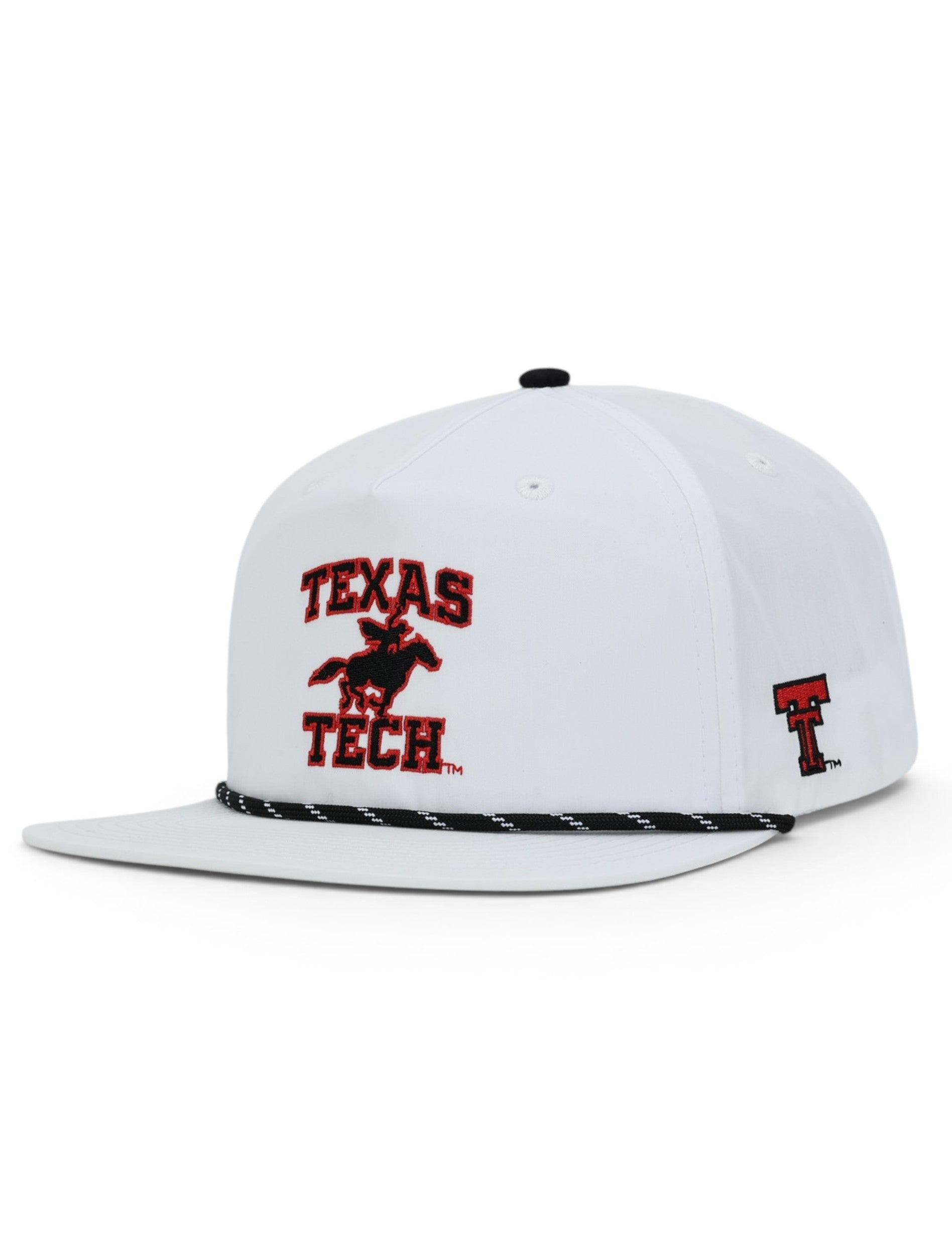 White Texas Tech rope cap at an angle, with the Masked Rider and TEXAS TECH across the front