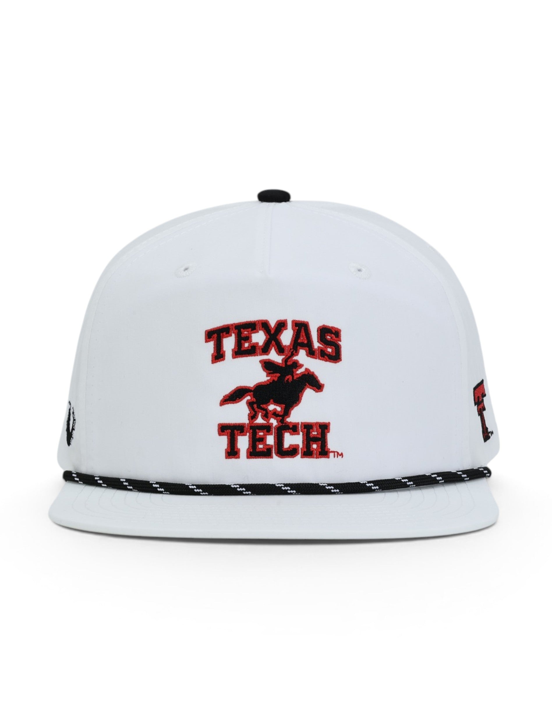 Front of the white Texas Tech cap showing the Masked Rider at full gallop between TEXAS TECH in black block letters
