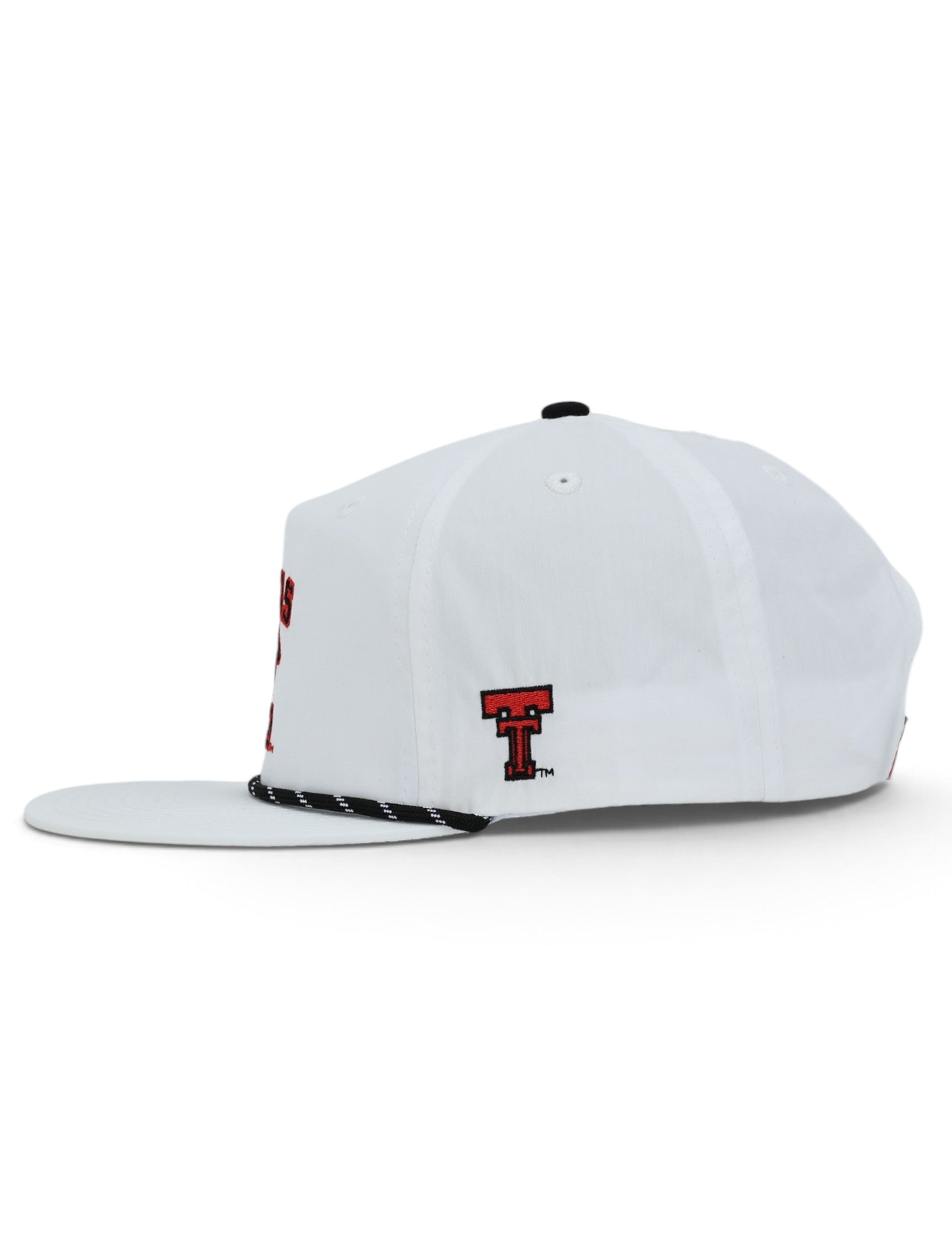 Side of the white Texas Tech cap showing the embroidered red Double T on the panel