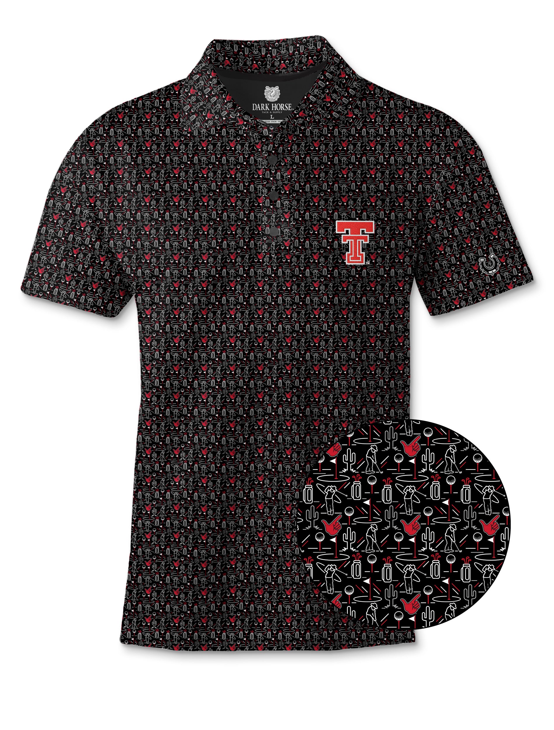 Dark Horse Texas Tech Guns Up Golf polo with a close-up of the golfers, golf bags, cactus and red Guns Up hands print