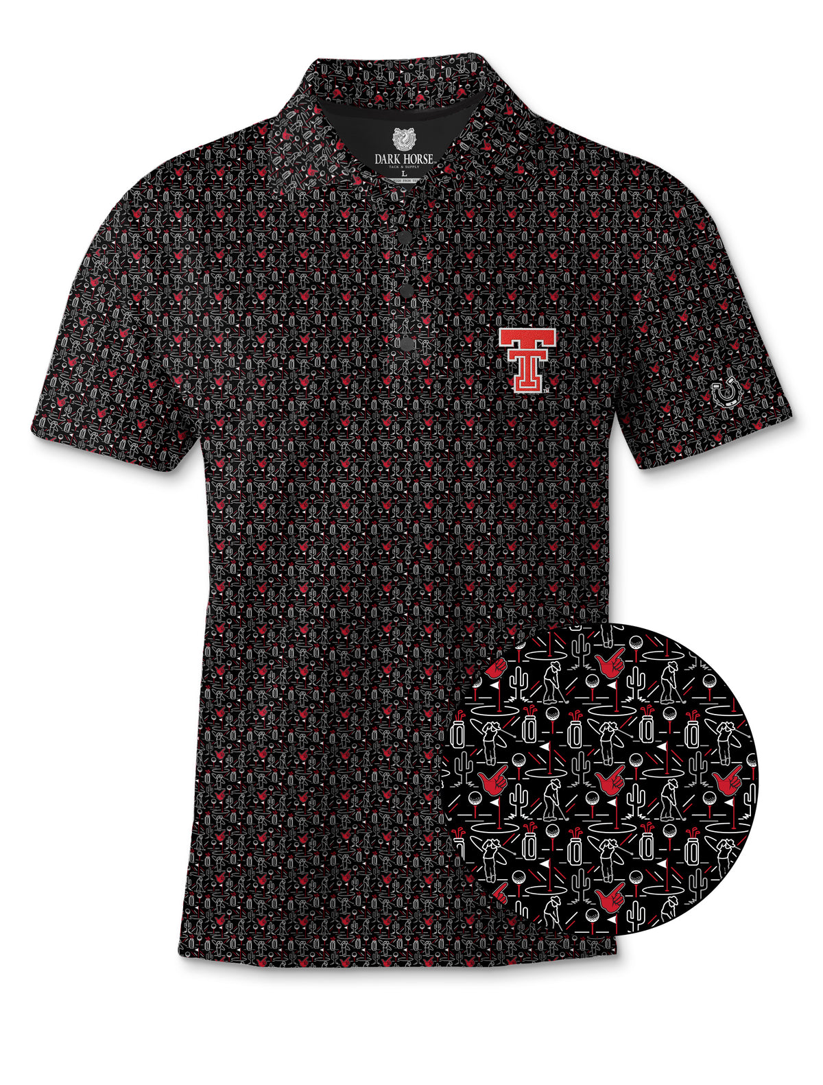 Dark Horse Texas Tech Guns Up Golf polo with a close-up of the golfers, golf bags, cactus and red Guns Up hands print