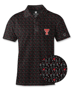 Dark Horse Texas Tech Guns Up Golf polo with a close-up of the golfers, golf bags, cactus and red Guns Up hands print
