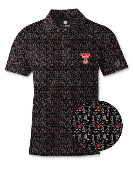 Dark Horse Texas Tech Guns Up Golf polo with a close-up of the golfers, golf bags, cactus and red Guns Up hands print