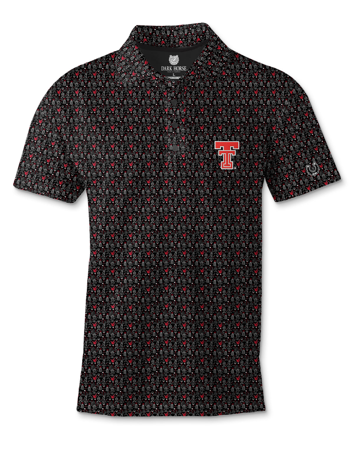 Dark Horse Texas Tech Guns Up Golf black polo with a red throwback Double T on the left chest and the Dark Horse horseshoe on the left sleeve