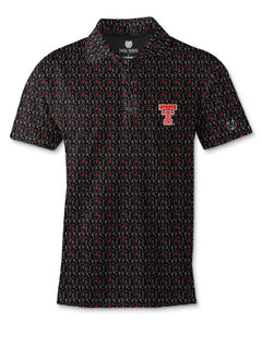 Dark Horse Texas Tech Guns Up Golf black polo with a red throwback Double T on the left chest and the Dark Horse horseshoe on the left sleeve