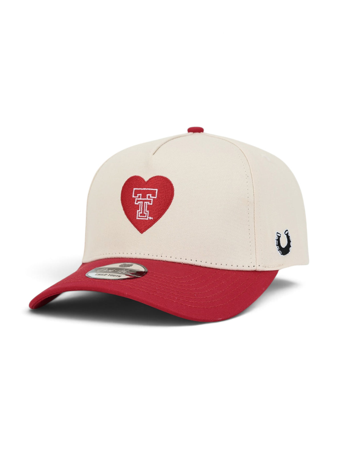 Cream youth Texas Tech cap with a red brim, at an angle, showing the Double T outlined in white inside a red heart
