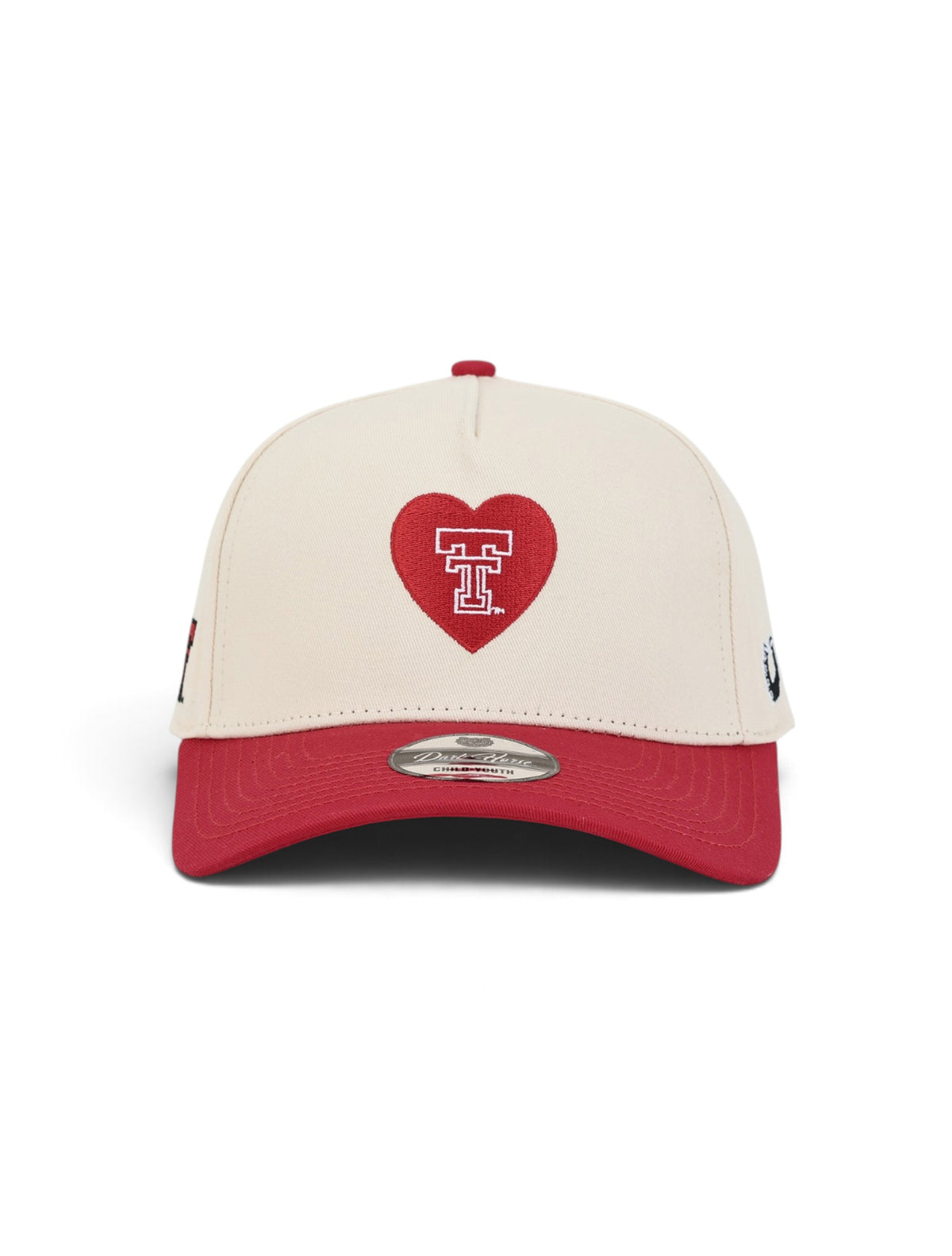Front of the cream youth Texas Tech cap showing a red heart with the Double T outlined in white inside it
