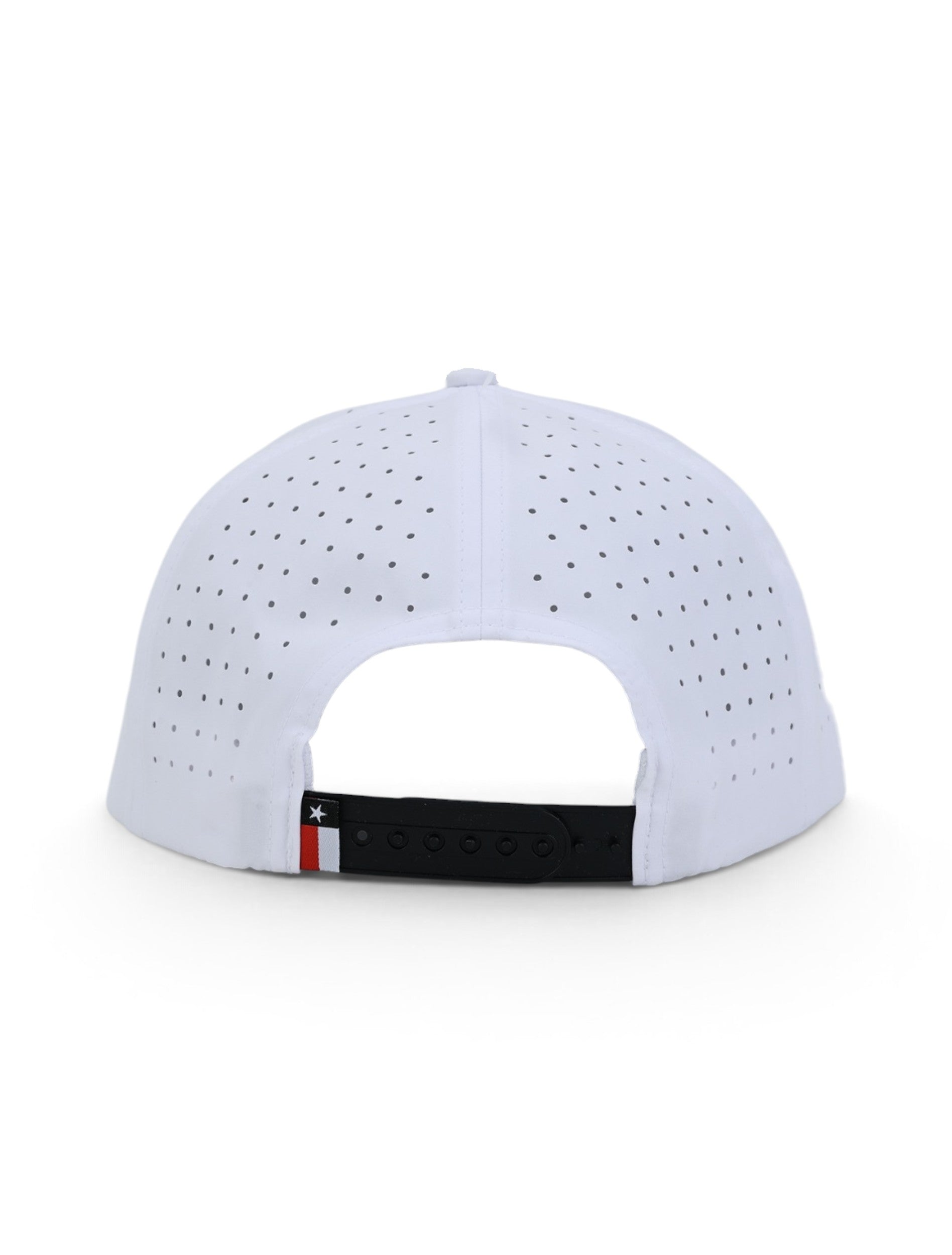 Back of the white Texas Tech cap showing the perforated panels, the black snapback strap and the Texas flag tab