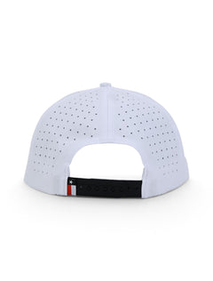 Back of the white Texas Tech cap showing the perforated panels, the black snapback strap and the Texas flag tab