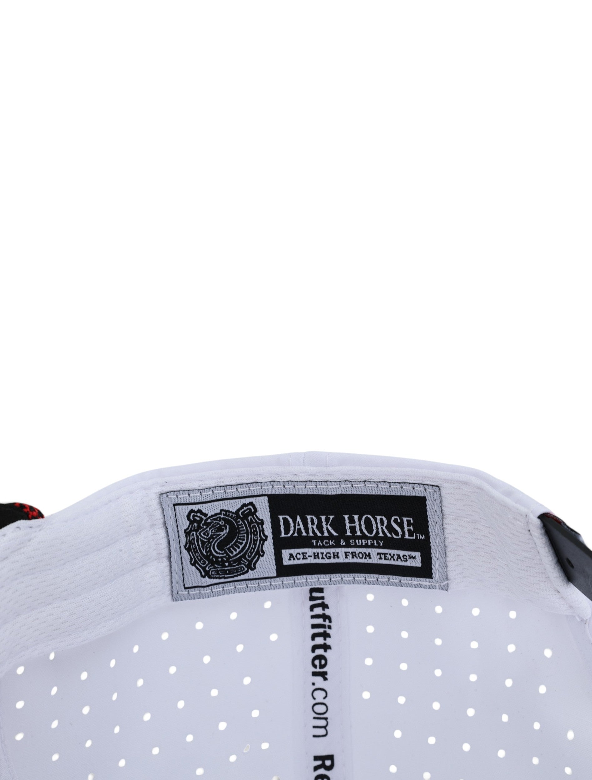 Inside the white Texas Tech cap showing the Dark Horse Tack and Supply label on the sweatband
