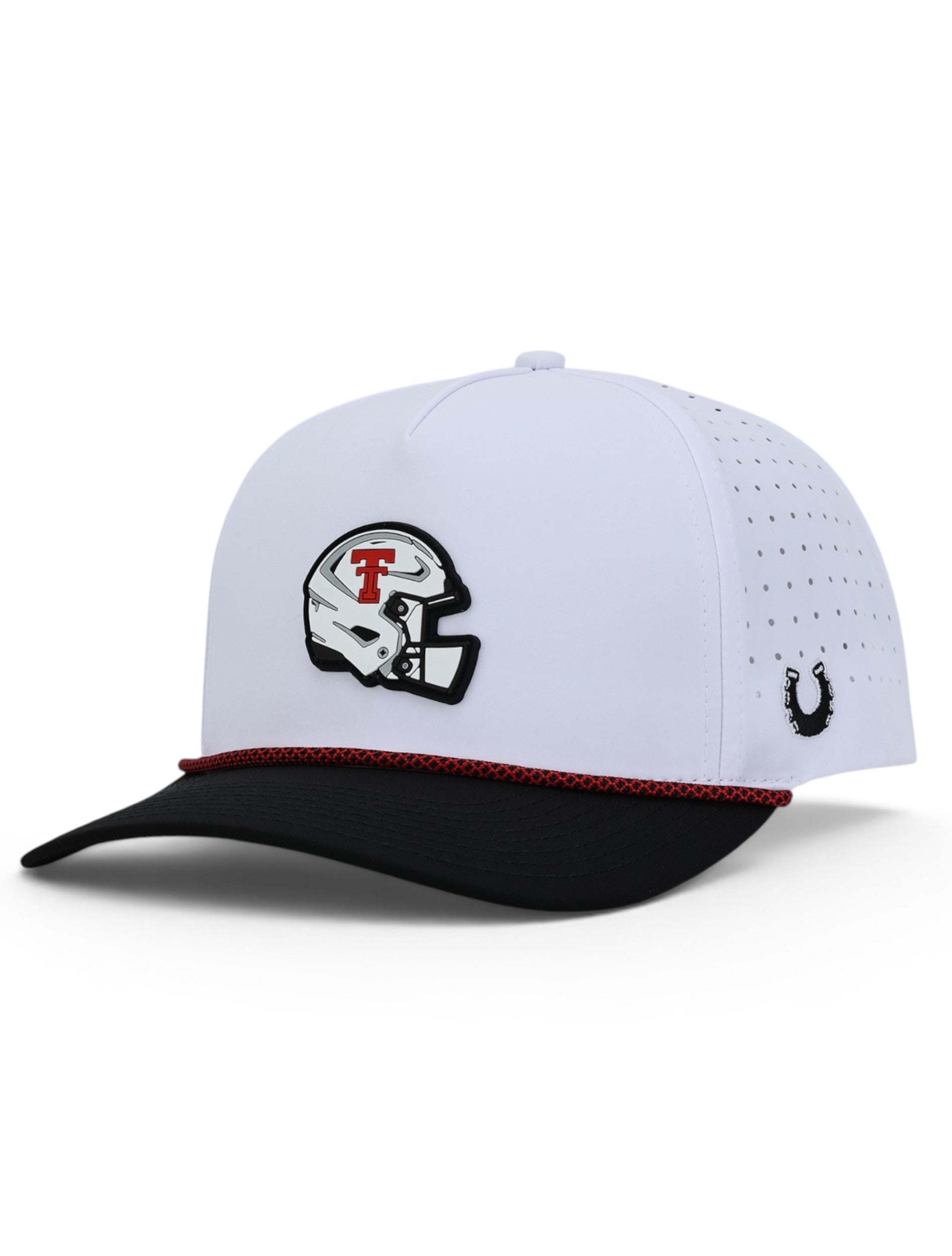 White Texas Tech rope cap at an angle, with a raised Red Raider football helmet patch on the front and a black brim