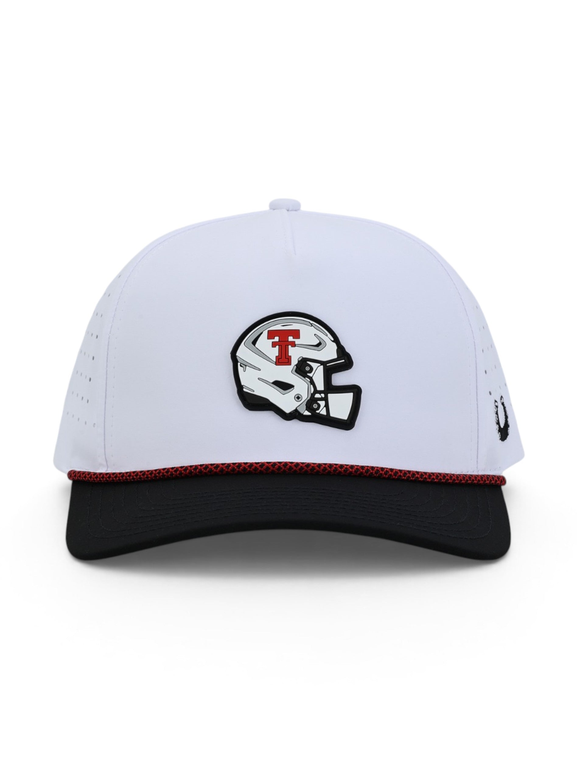 Front of the white Texas Tech cap showing the raised football helmet patch with a red Double T above a red and black rope