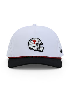 Front of the white Texas Tech cap showing the raised football helmet patch with a red Double T above a red and black rope