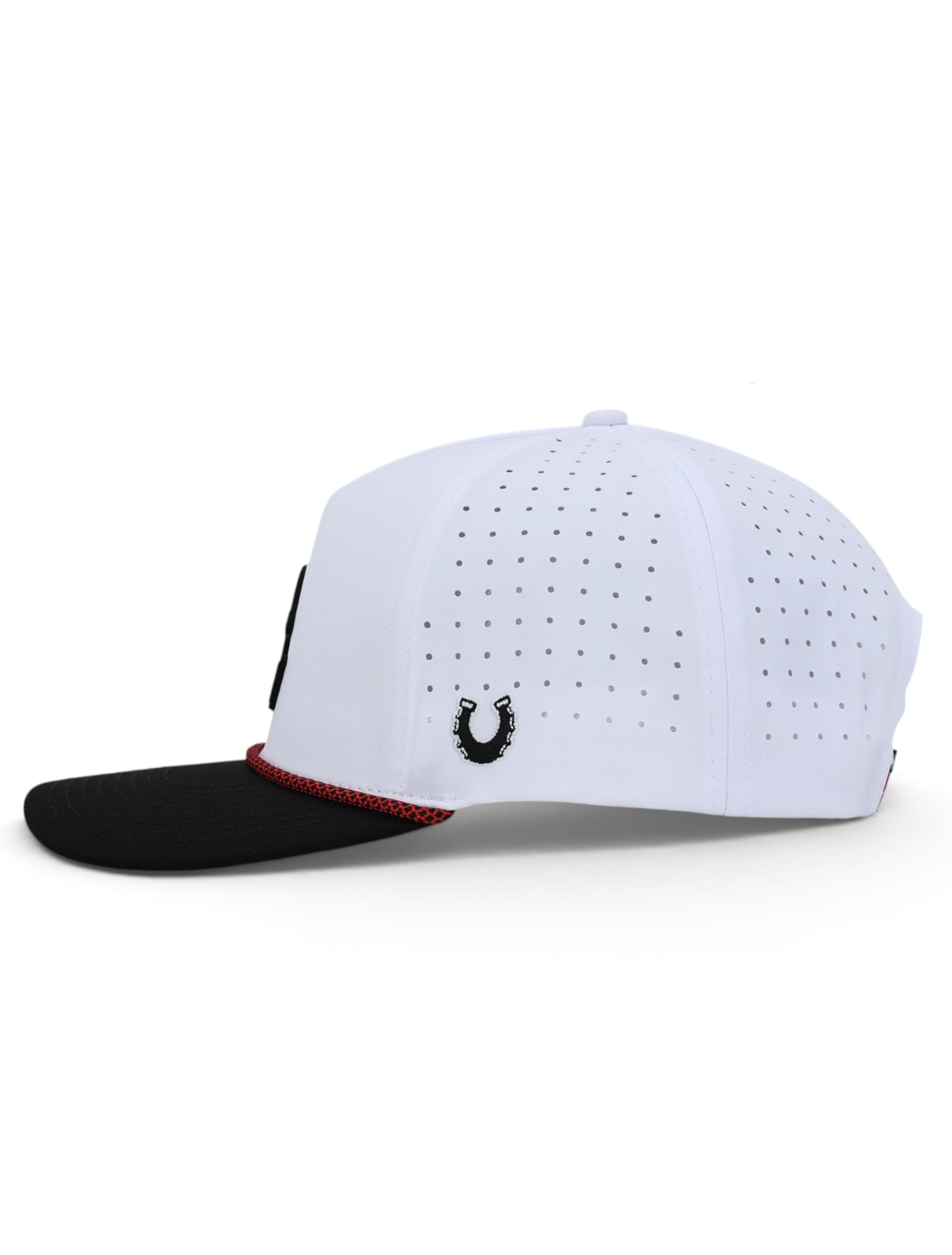 Side of the white Texas Tech cap showing the Dark Horse horseshoe and the laser cut perforations