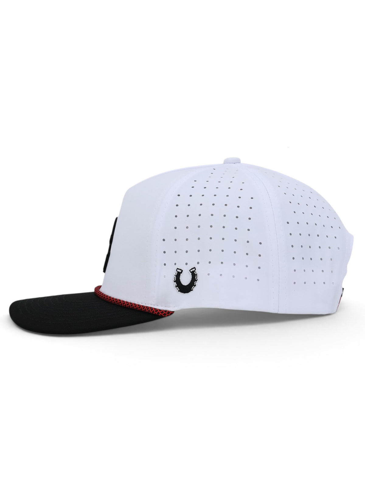 Side of the white Texas Tech cap showing the Dark Horse horseshoe and the laser cut perforations