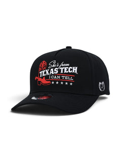 Black youth Texas Tech cap at an angle showing a red cowboy boot beside the I Can Tell lettering in white