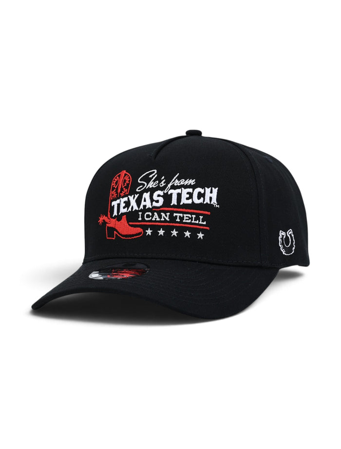 Black youth Texas Tech cap at an angle showing a red cowboy boot beside the I Can Tell lettering in white