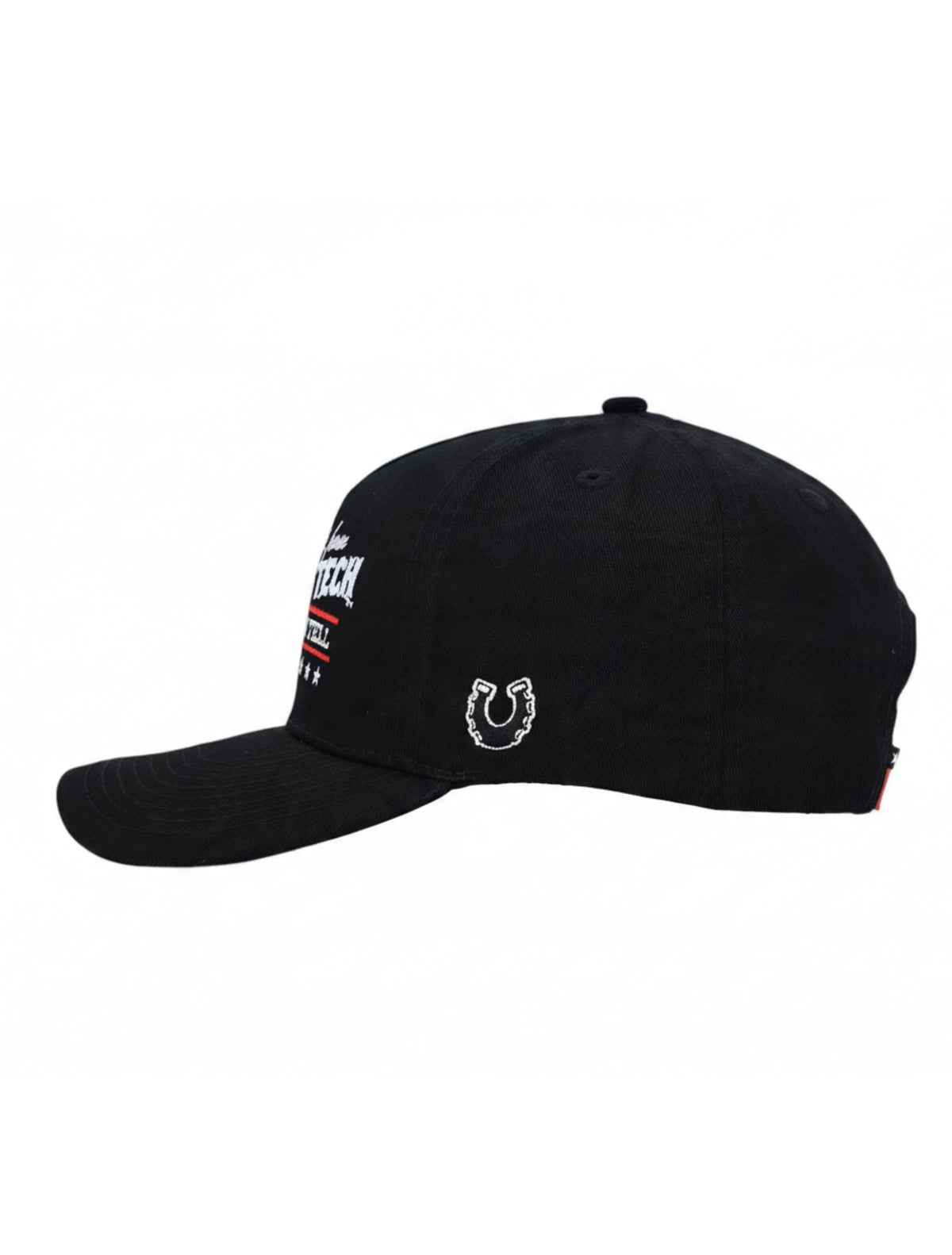 Left side of the black youth Texas Tech cap showing the Dark Horse horseshoe outlined in white on the side panel