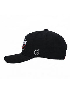 Left side of the black youth Texas Tech cap showing the Dark Horse horseshoe outlined in white on the side panel