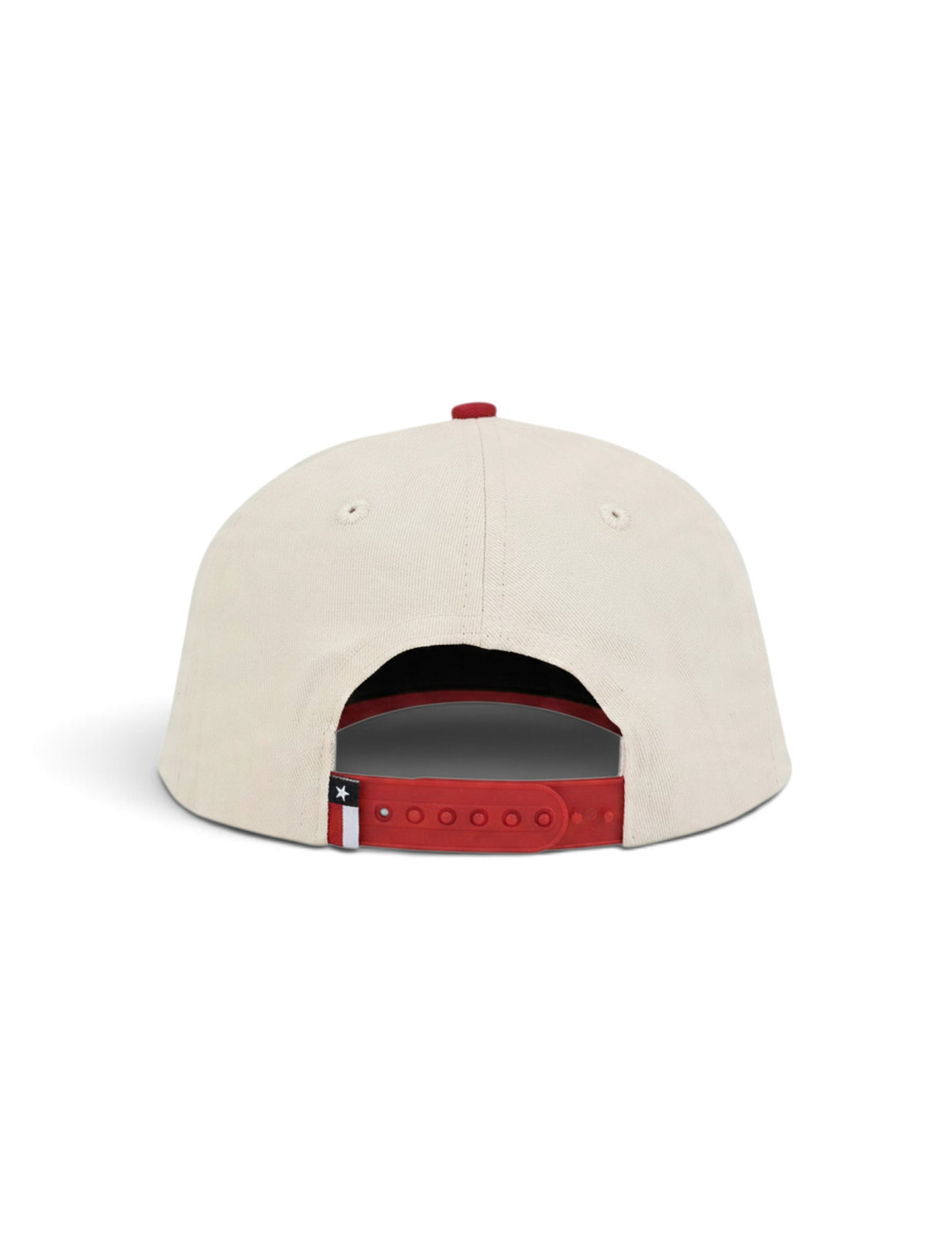 Back of the cream youth Texas Tech cap showing the red snapback strap and the Texas flag tab