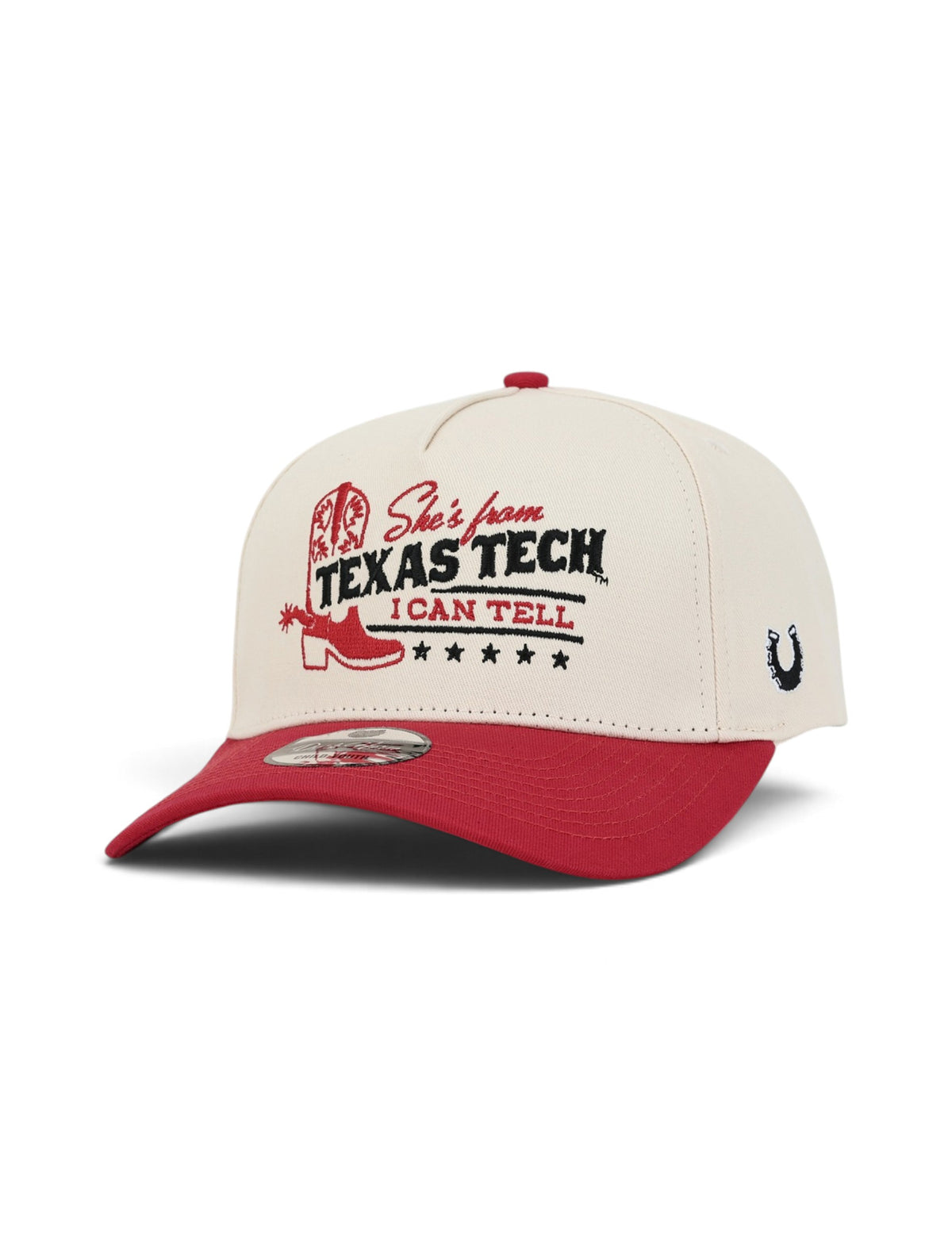 Cream youth Texas Tech cap with a red brim, at an angle, showing a red cowboy boot beside the I Can Tell lettering