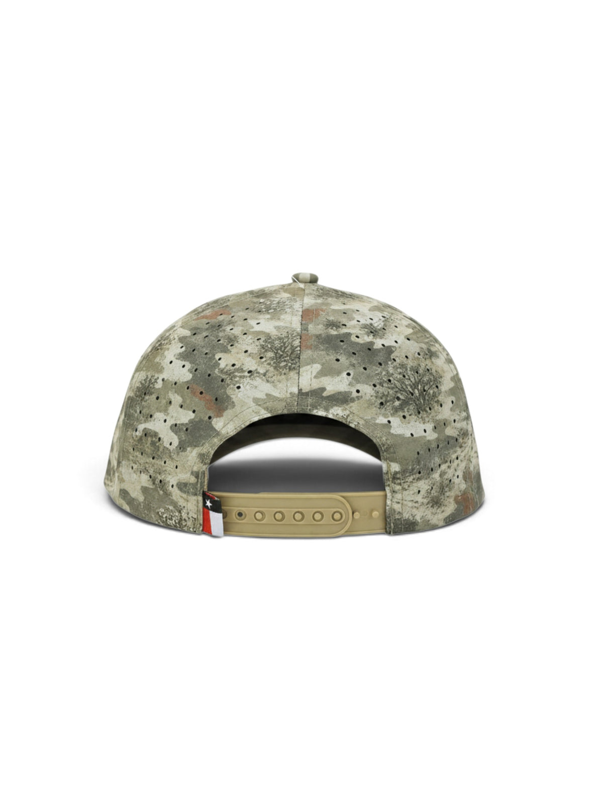 Back of the camo youth Texas Tech cap showing the perforated panels, the tan snapback strap and the Texas flag tab