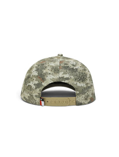 Back of the camo youth Texas Tech cap showing the perforated panels, the tan snapback strap and the Texas flag tab