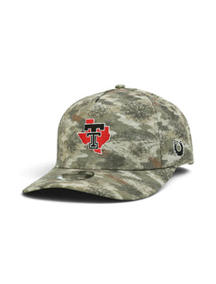 Camo youth Texas Tech cap at an angle showing the Lonestar Pride logo with the Double T inside a red Texas