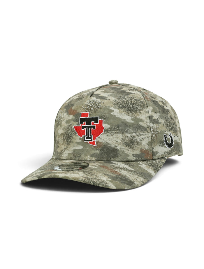 Camo youth Texas Tech cap at an angle showing the Lonestar Pride logo with the Double T inside a red Texas