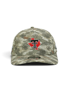 Front of the camo youth Texas Tech cap showing the Double T set inside a red Texas outline