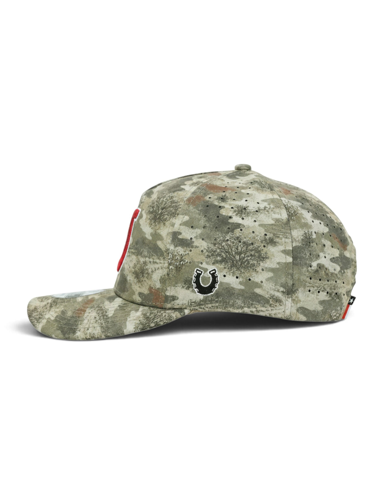 Left side of the camo youth Texas Tech cap showing the Dark Horse horseshoe and the laser cut perforations