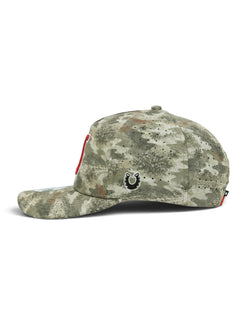 Left side of the camo youth Texas Tech cap showing the Dark Horse horseshoe and the laser cut perforations