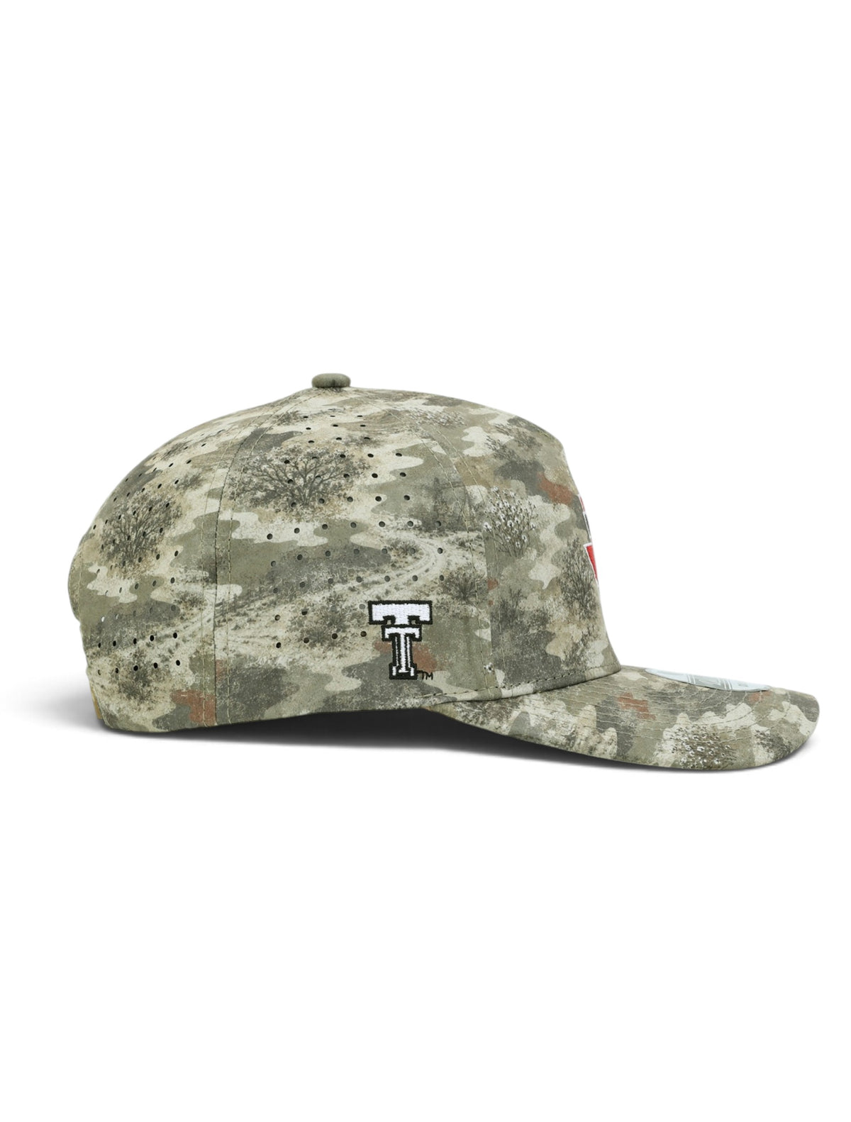 Right side of the camo youth Texas Tech cap showing a white Double T and the laser cut perforations