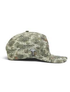 Right side of the camo youth Texas Tech cap showing a white Double T and the laser cut perforations