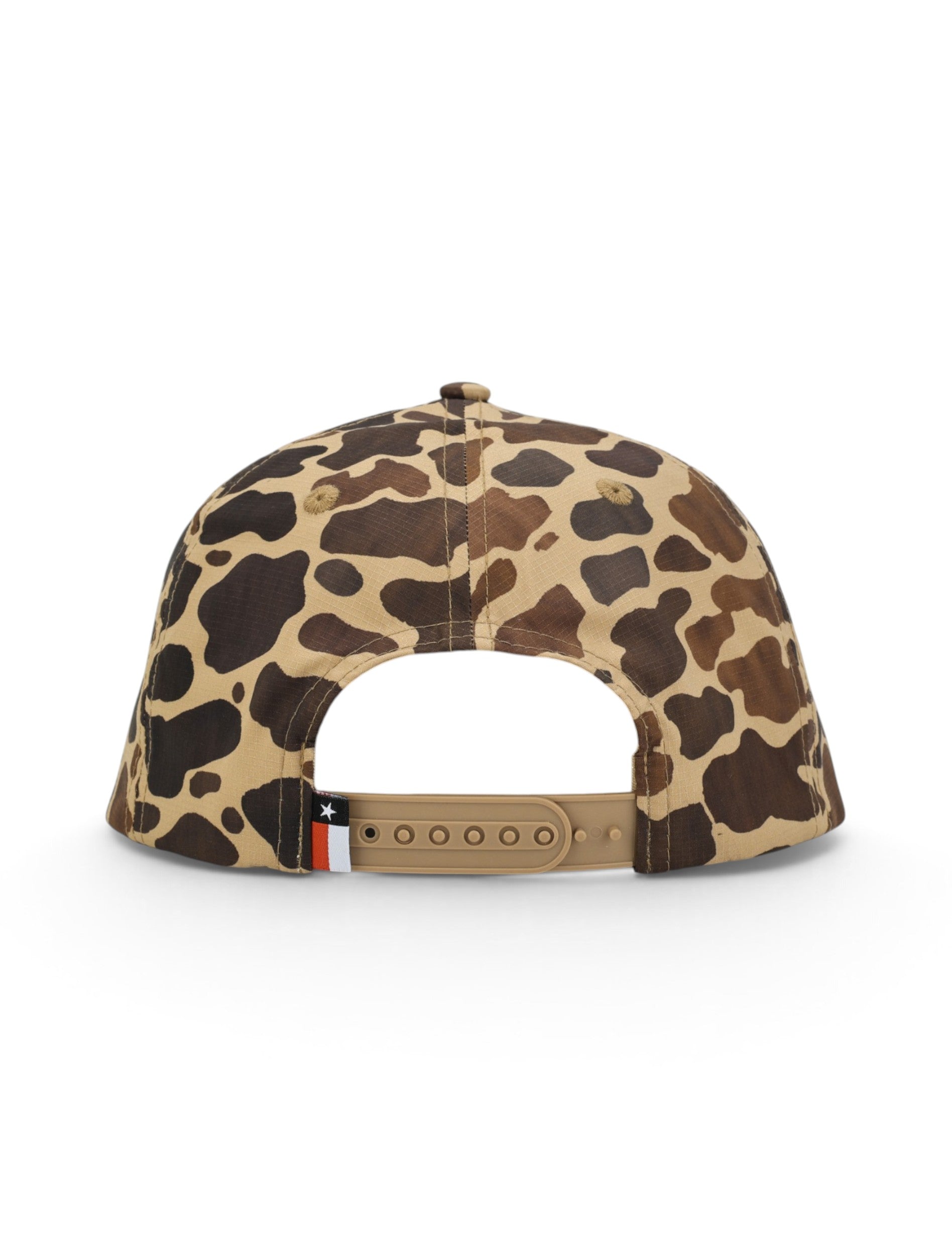 Back of the camo Texas Tech cap showing the embroidered eyelets, the snapback strap and the Texas flag tab