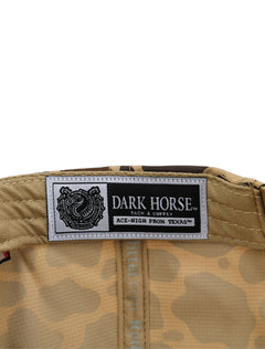 Inside the camo Texas Tech cap showing the Dark Horse Tack and Supply label on the sweatband