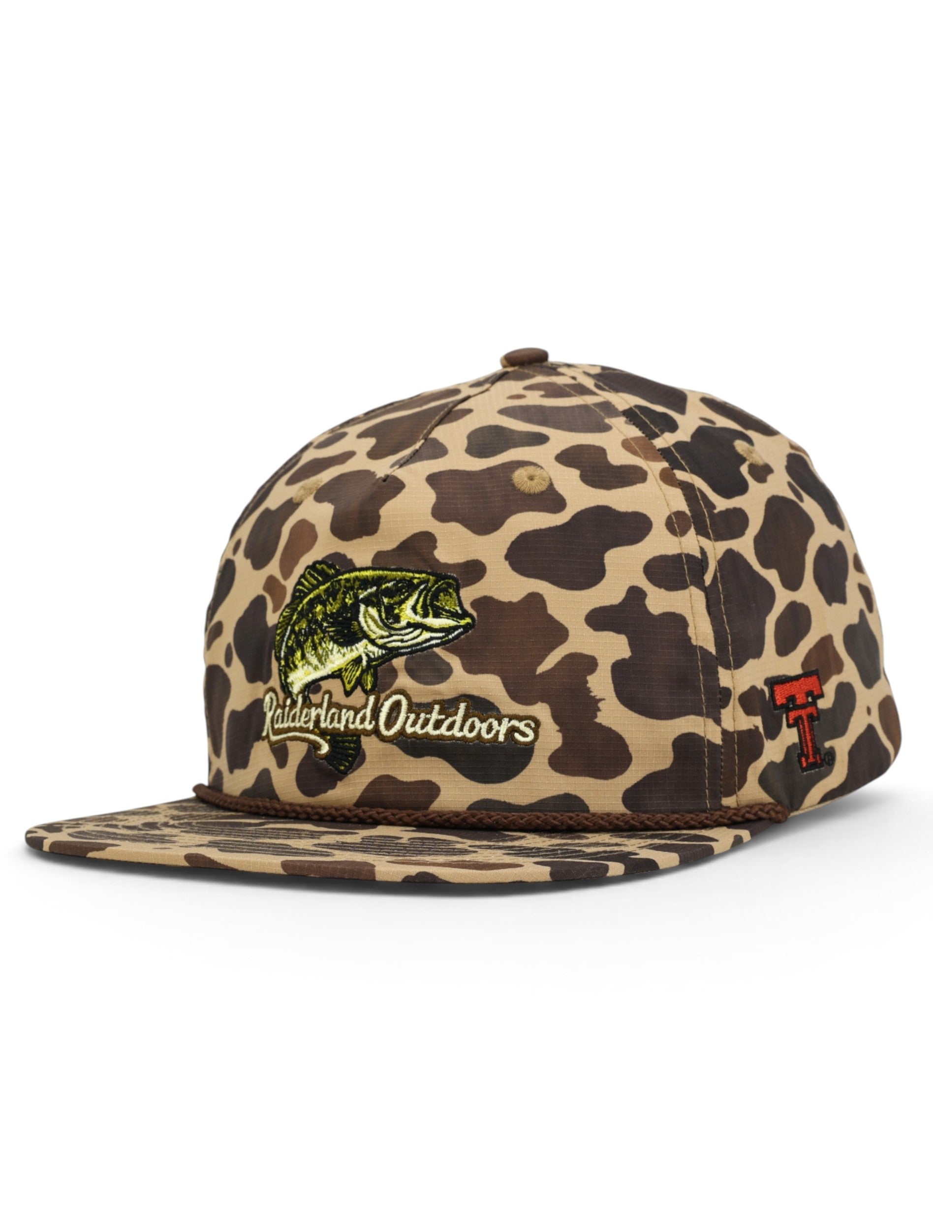 Camo Texas Tech rope cap at an angle, with a leaping largemouth bass and Raiderland Outdoors script across the front