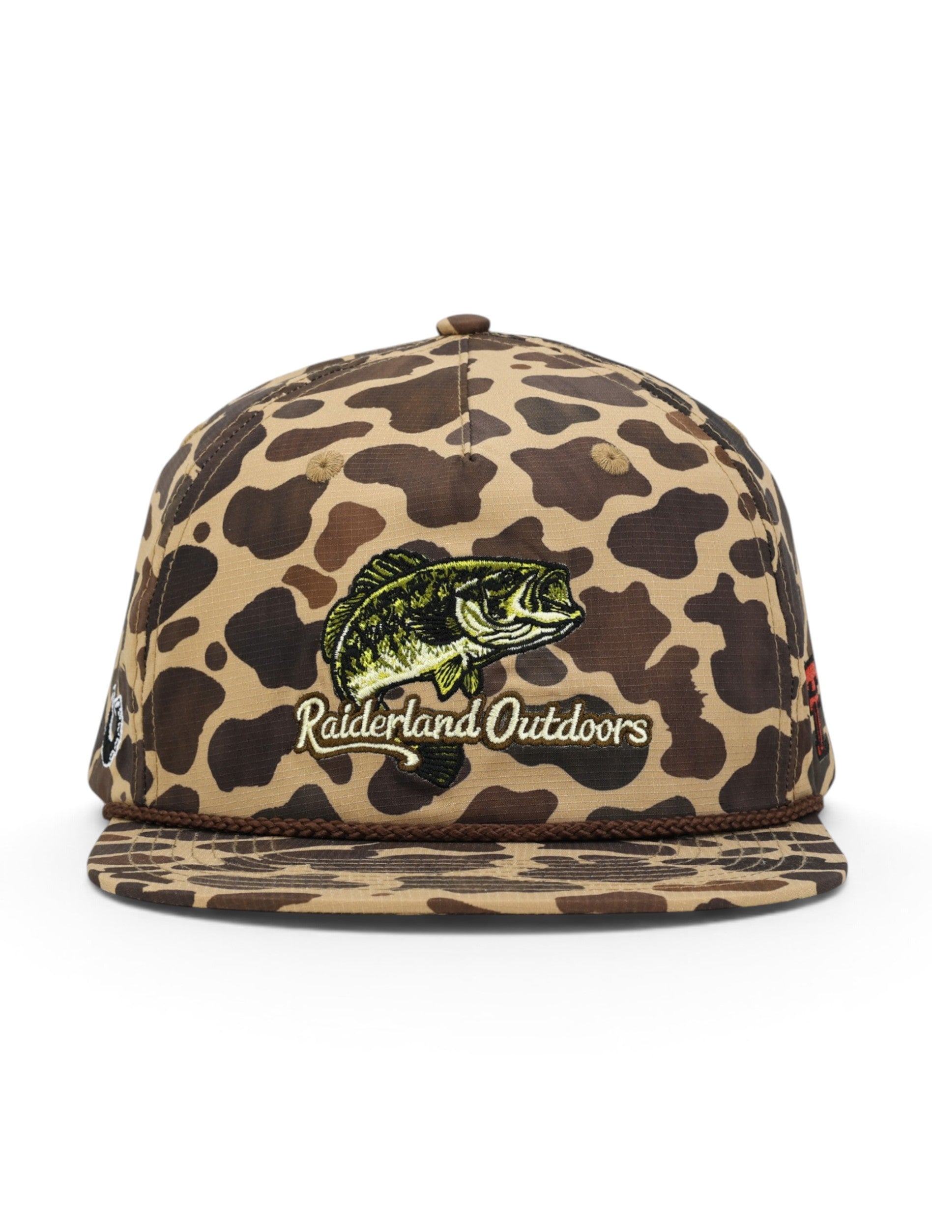Front of the camo Texas Tech cap showing the bass over Raiderland Outdoors script above a brown rope