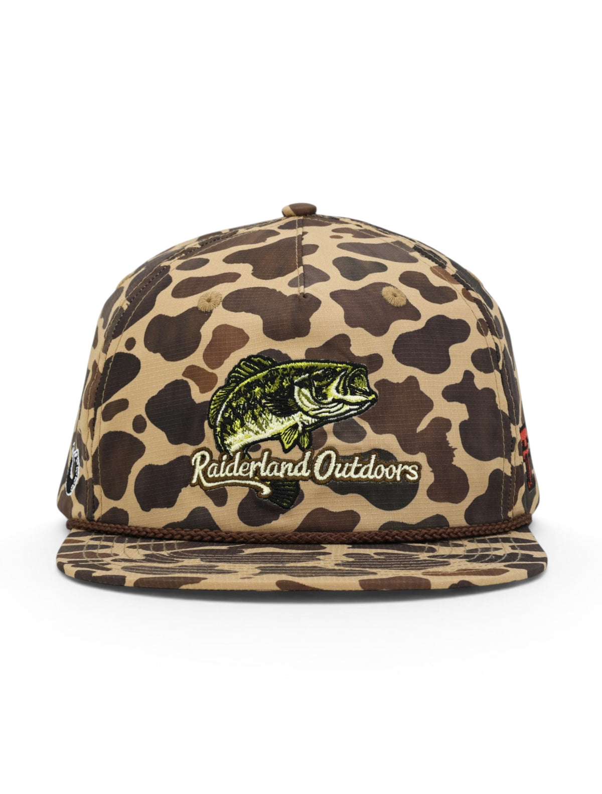 Front of the camo Texas Tech cap showing the bass over Raiderland Outdoors script above a brown rope