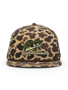 Front of the camo Texas Tech cap showing the bass over Raiderland Outdoors script above a brown rope