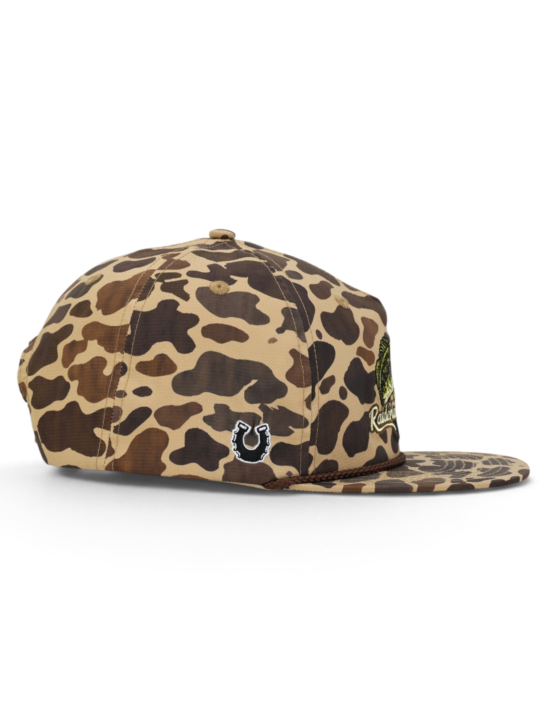Opposite side of the camo Texas Tech cap showing the Dark Horse horseshoe on the panel