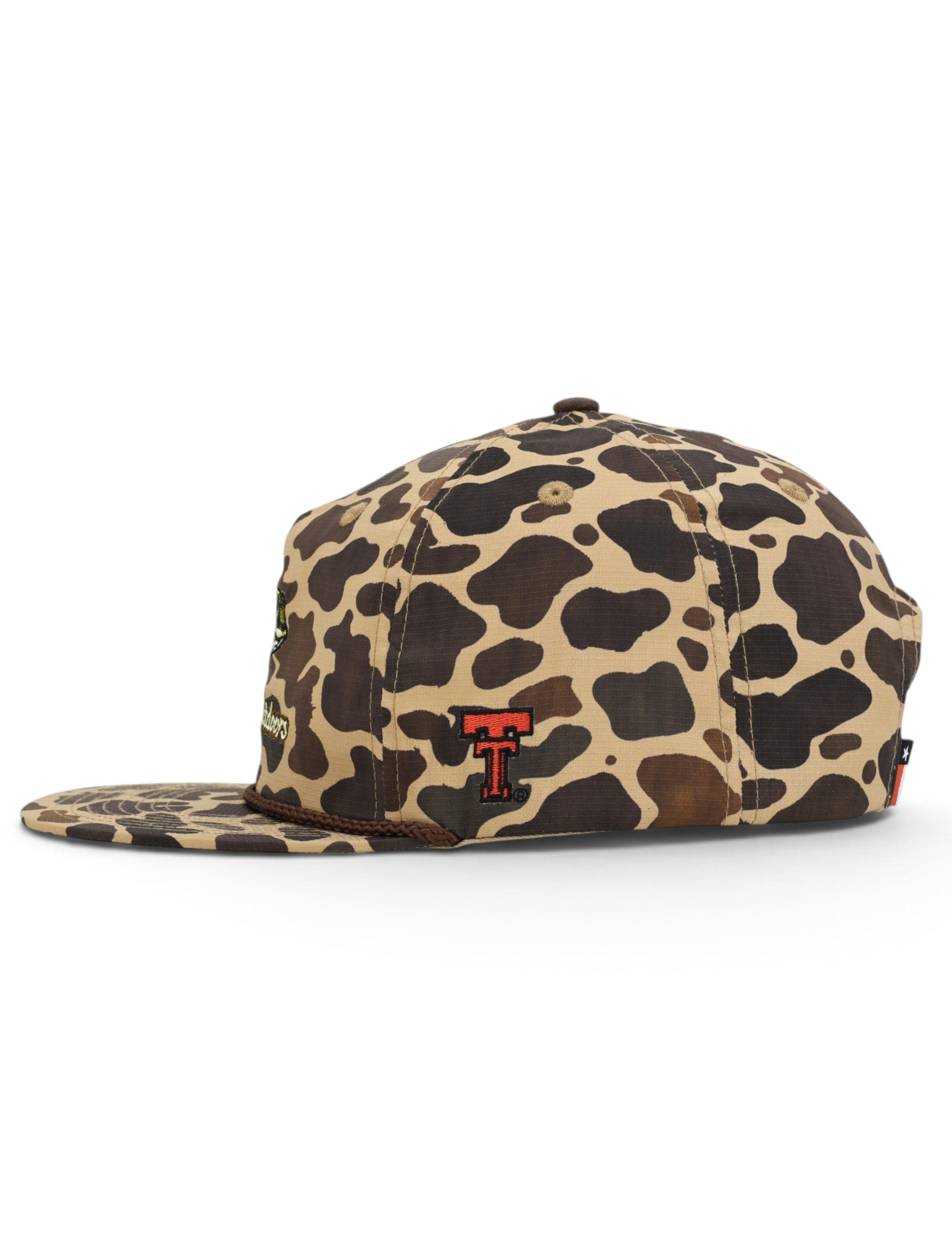 Side of the camo Texas Tech cap showing the embroidered red Double T on the panel