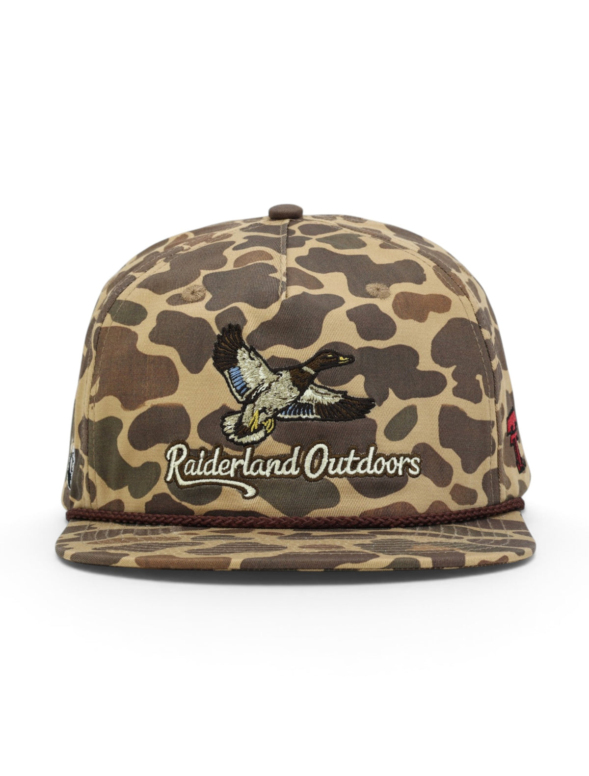 Front of the camo Texas Tech cap showing the mallard over Raiderland Outdoors script above a maroon rope