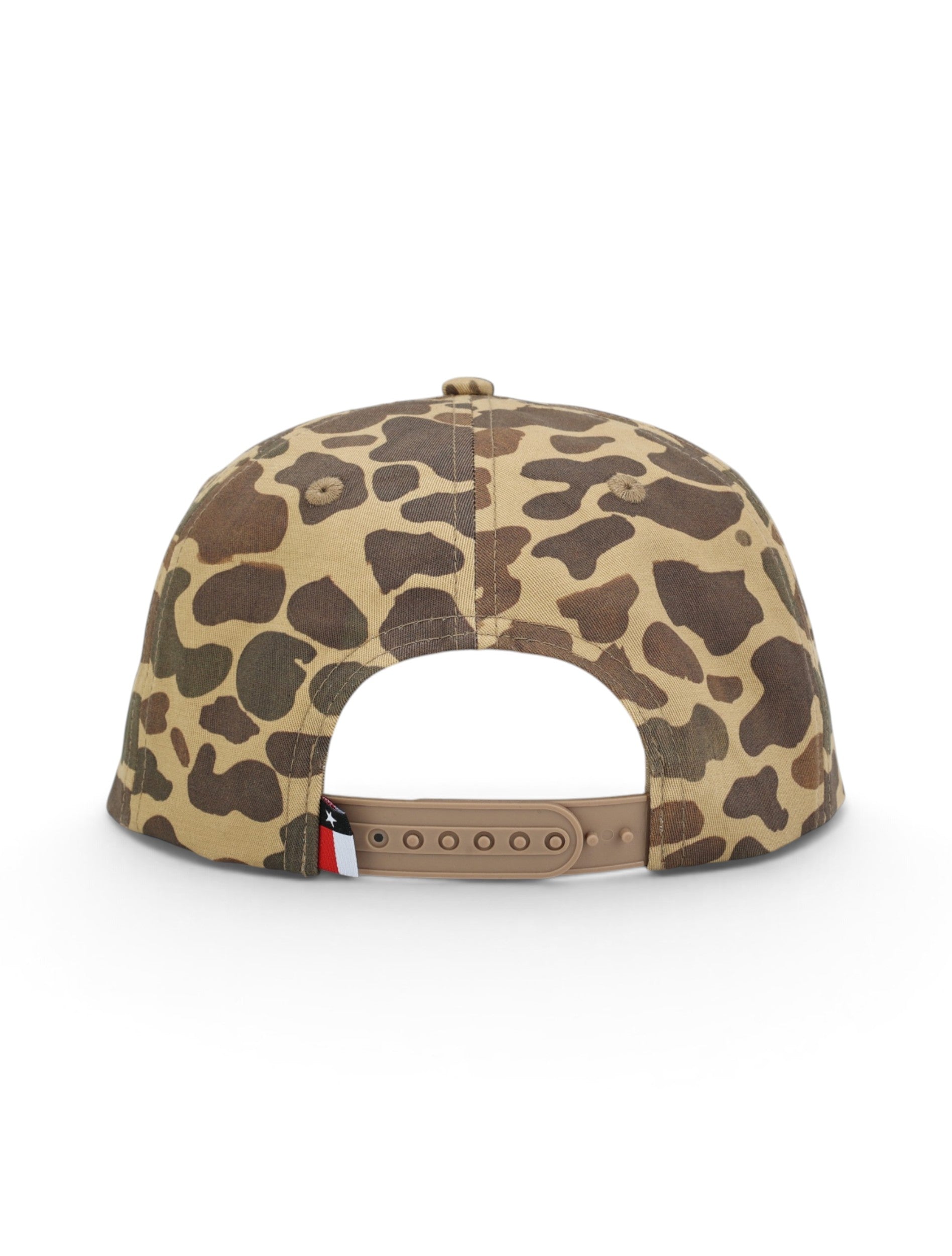 Back of the camo Texas Tech cap showing the embroidered eyelets, the snapback strap and the Texas flag tab